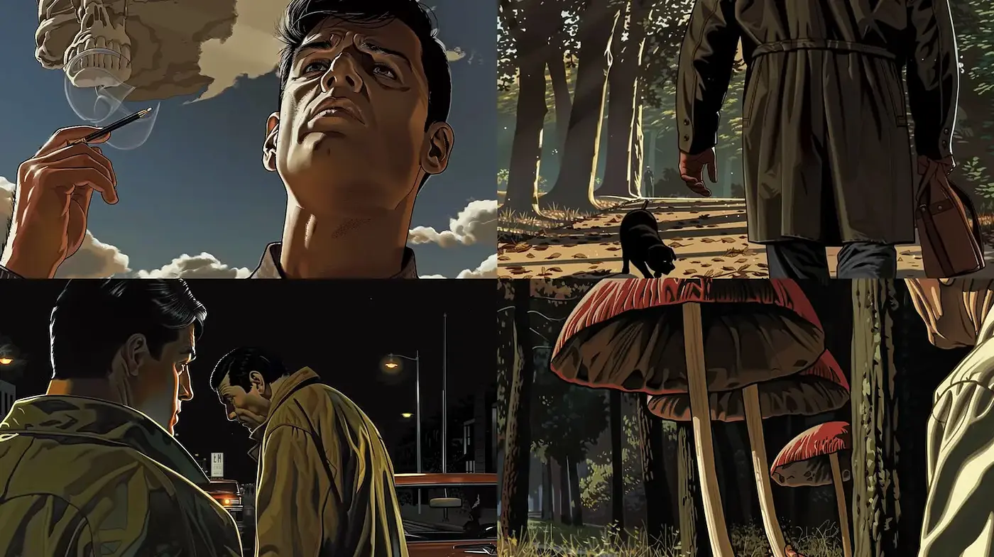 Stylized narrative imagery with a cinematic and graphic novel influence - Midjourney sref style