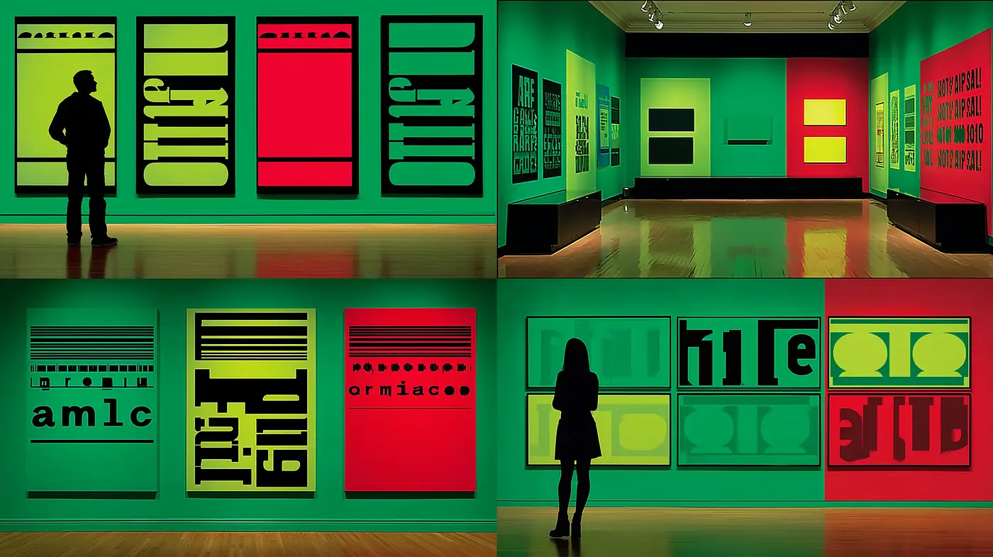 Vibrant Modernist Exhibition Space with Bold Graphic Art - Midjourney sref style