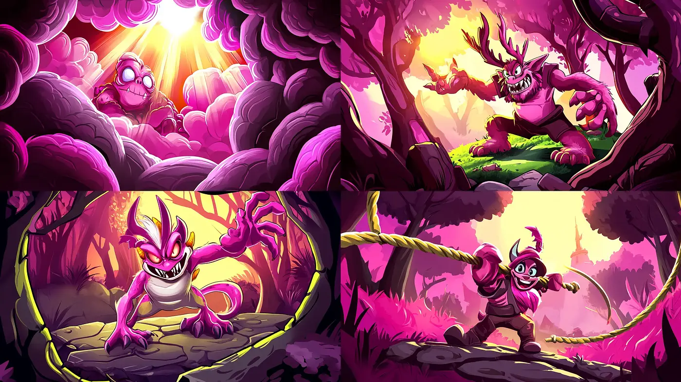 Vibrant Fantasy Animation Style with Energetic Creatures and Lush Environments - Midjourney sref style