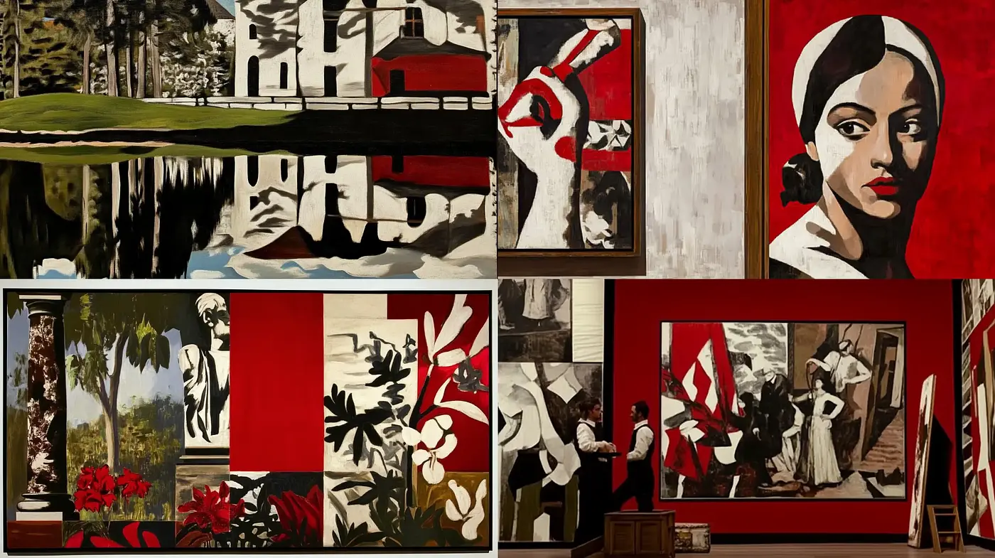 Contrasting Vision: Modernist Red and Black Tableaus - Midjourney sref style