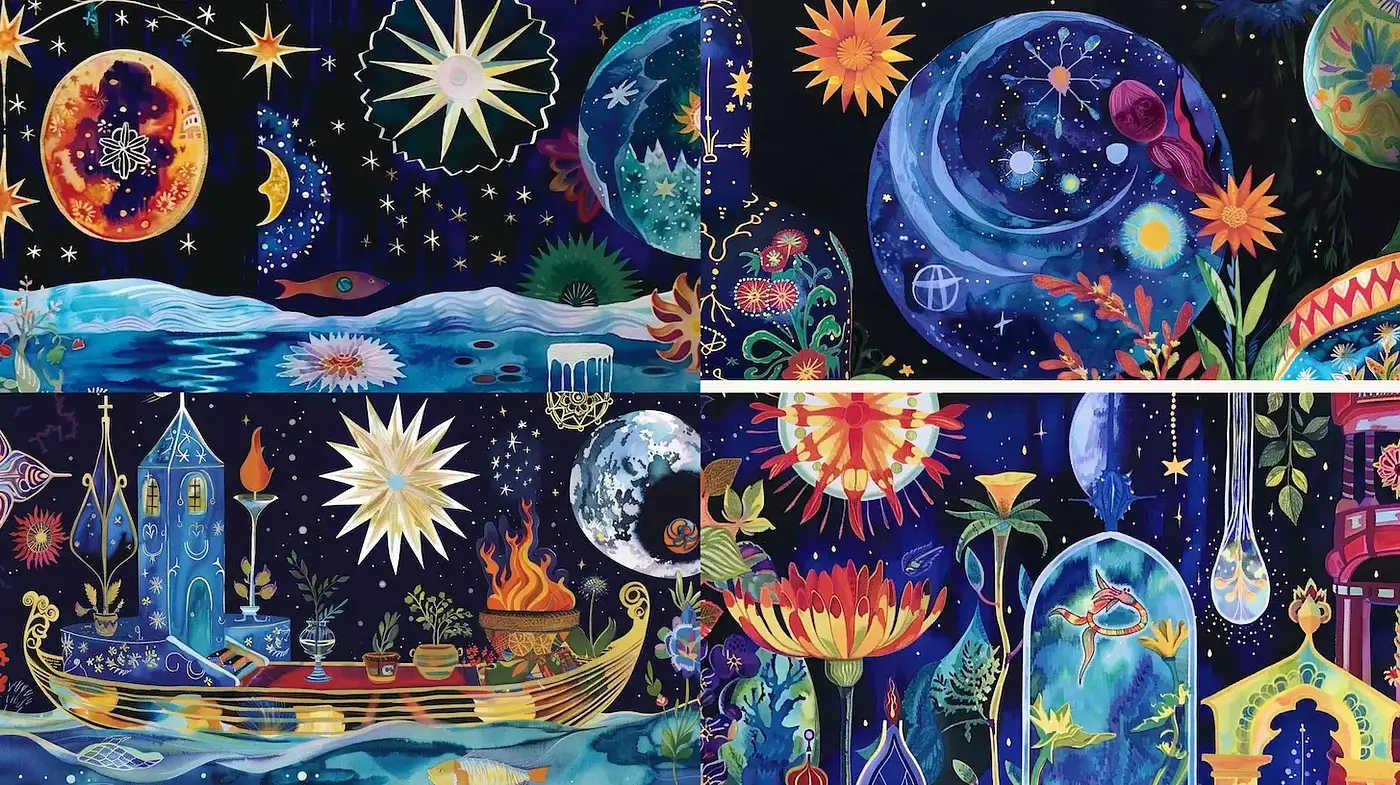 Whimsical Cosmic Floral Mosaics with a Dreamlike Quality - Midjourney sref style