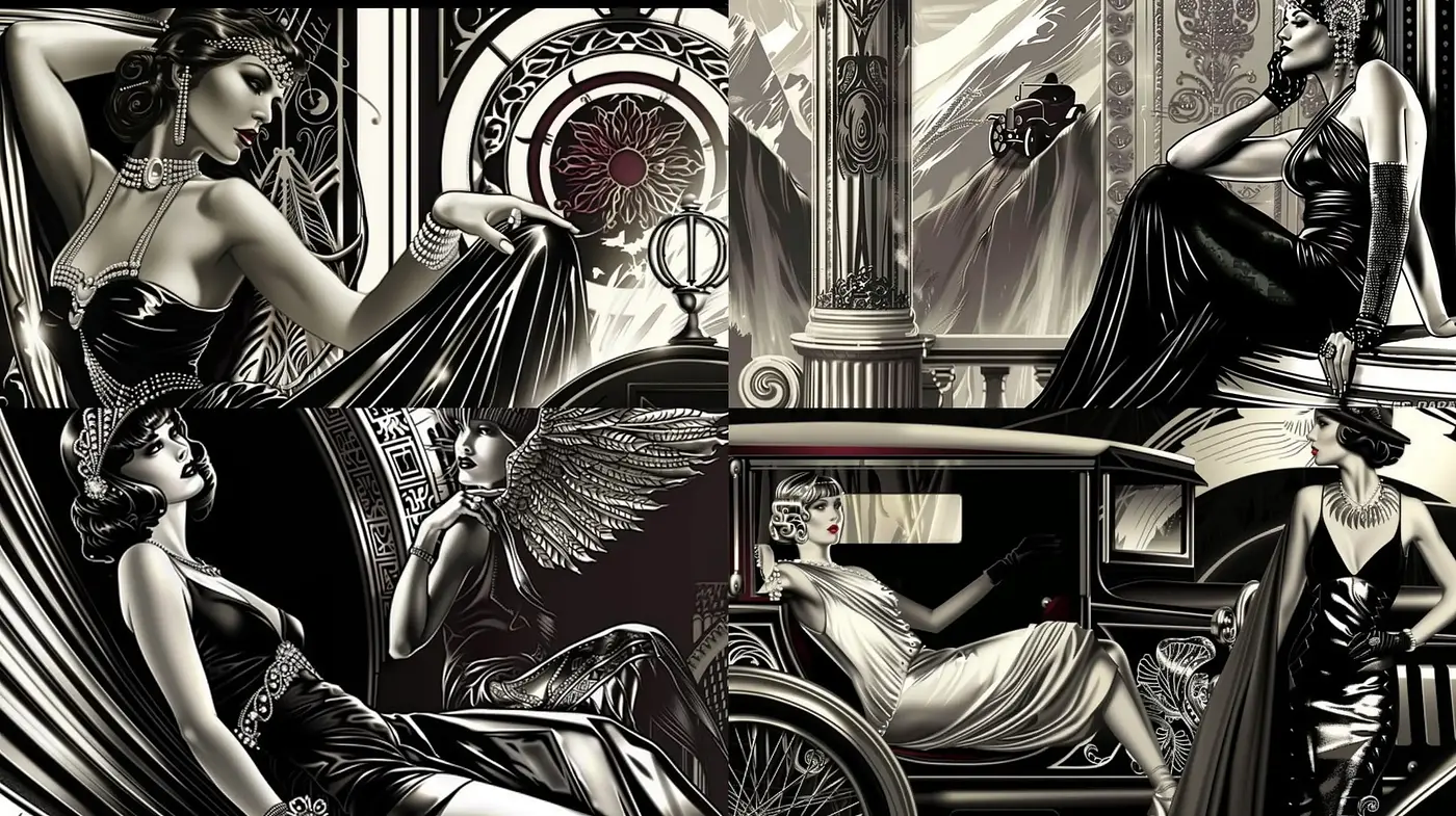 Elegant Noir Deco: A Fusion of Monochrome Elegance and Art Deco Design - Midjourney sref style