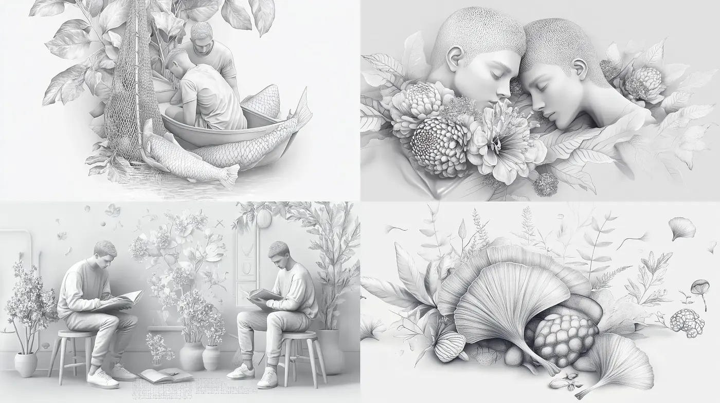 Monochromatic Harmony in Botanical and Human Intertwinement - Midjourney sref style
