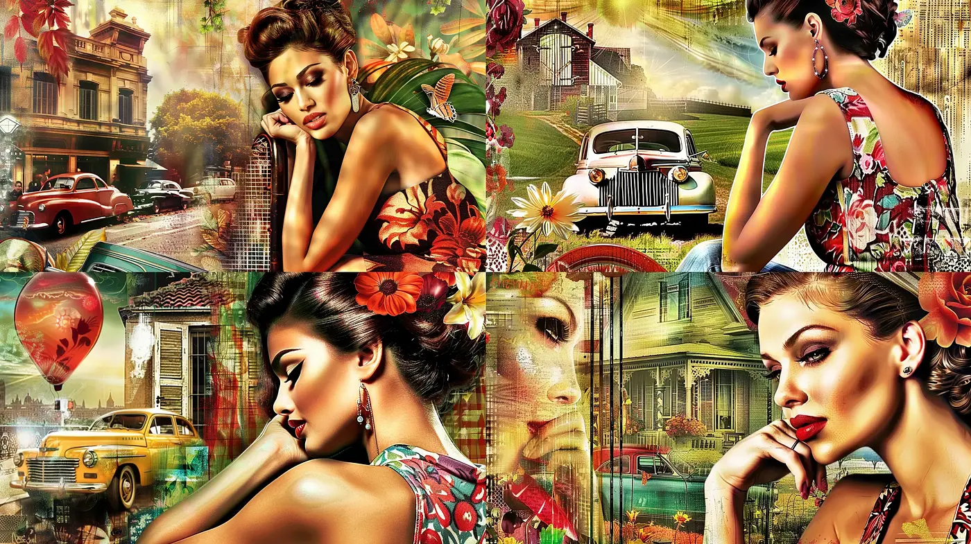 Retro Glamour in Lush and Vivid Expressionist Montage - Midjourney sref style