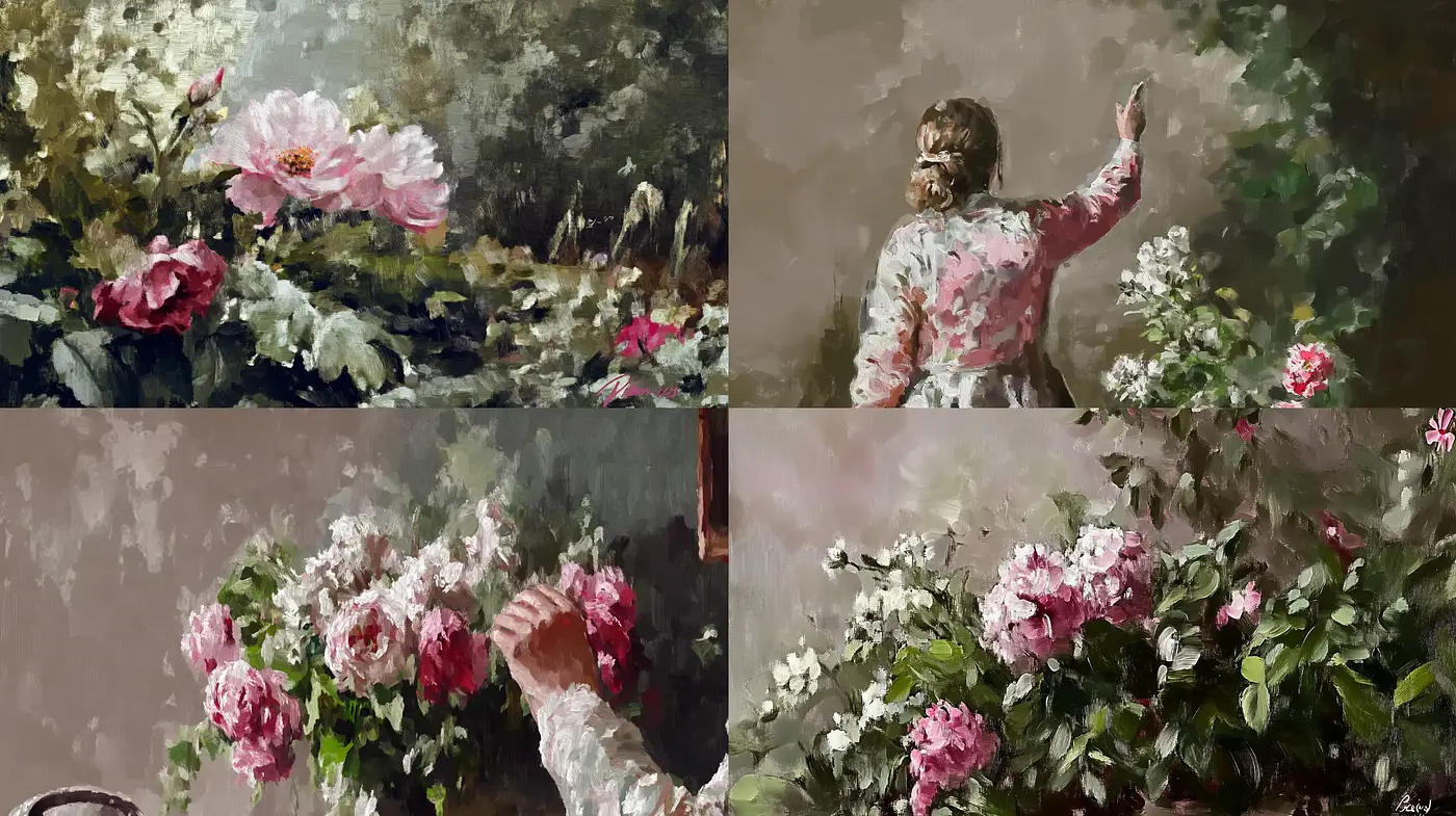 Whispering Florals in Textured Brushwork - Midjourney sref style