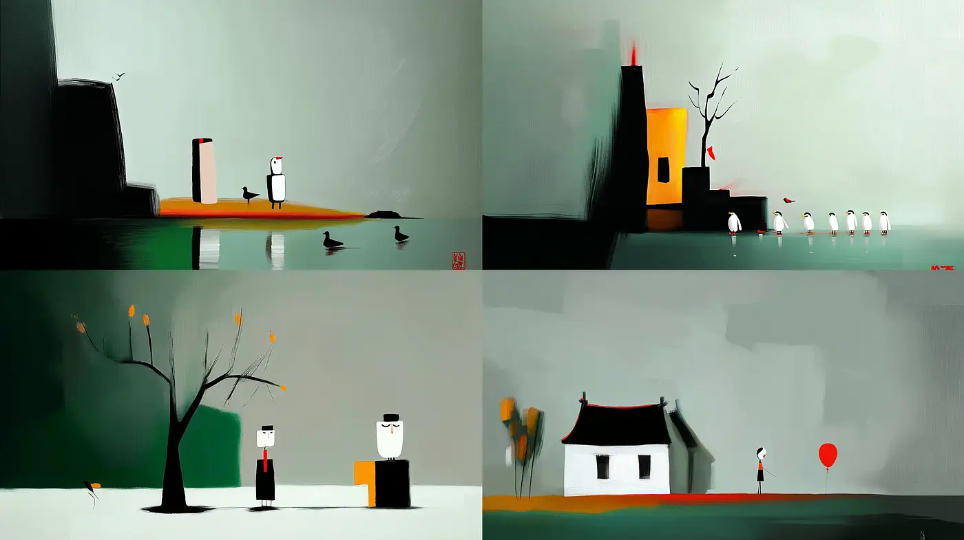 Simplified Shadows and Silhouettes with a Moody Ambience - Midjourney sref style
