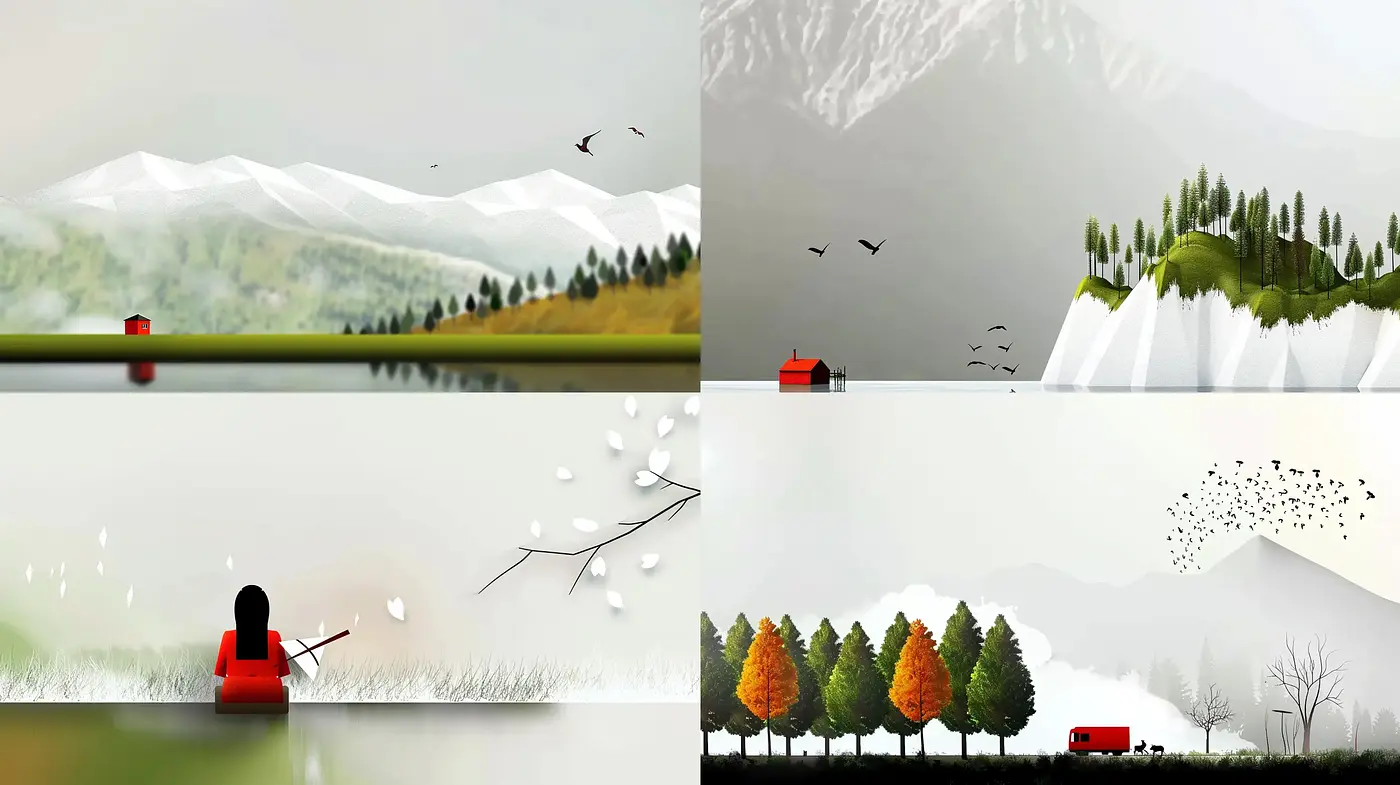 Serene Simplified Landscapes with Stylized Animated Essence - Midjourney sref style