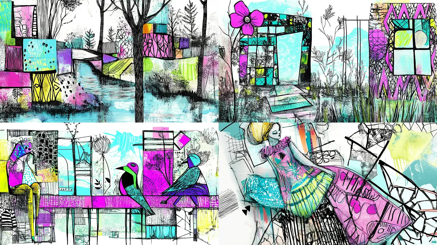 Whimsical Fusion of Abstract Geometry and Illustrative Sketches - Midjourney sref style