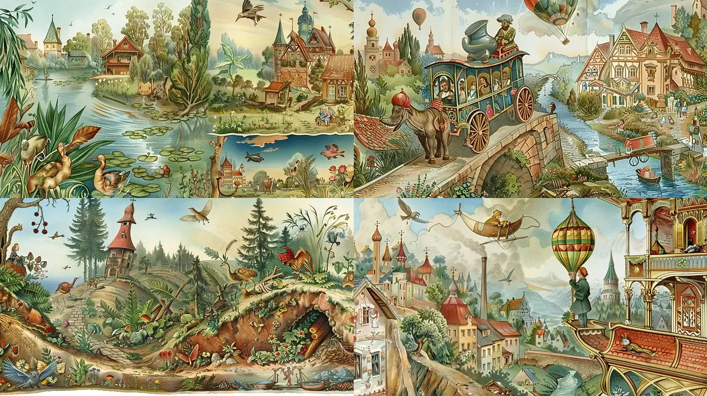Whimsical Storybook Illustrations with Enchanting European Village Scenes - Midjourney sref style