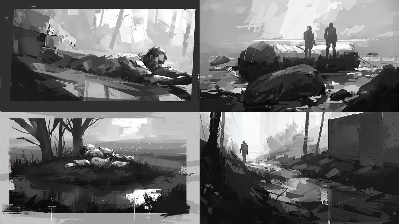 Monochromatic Glimpses through a Post-Apocalyptic Lens - Midjourney sref style