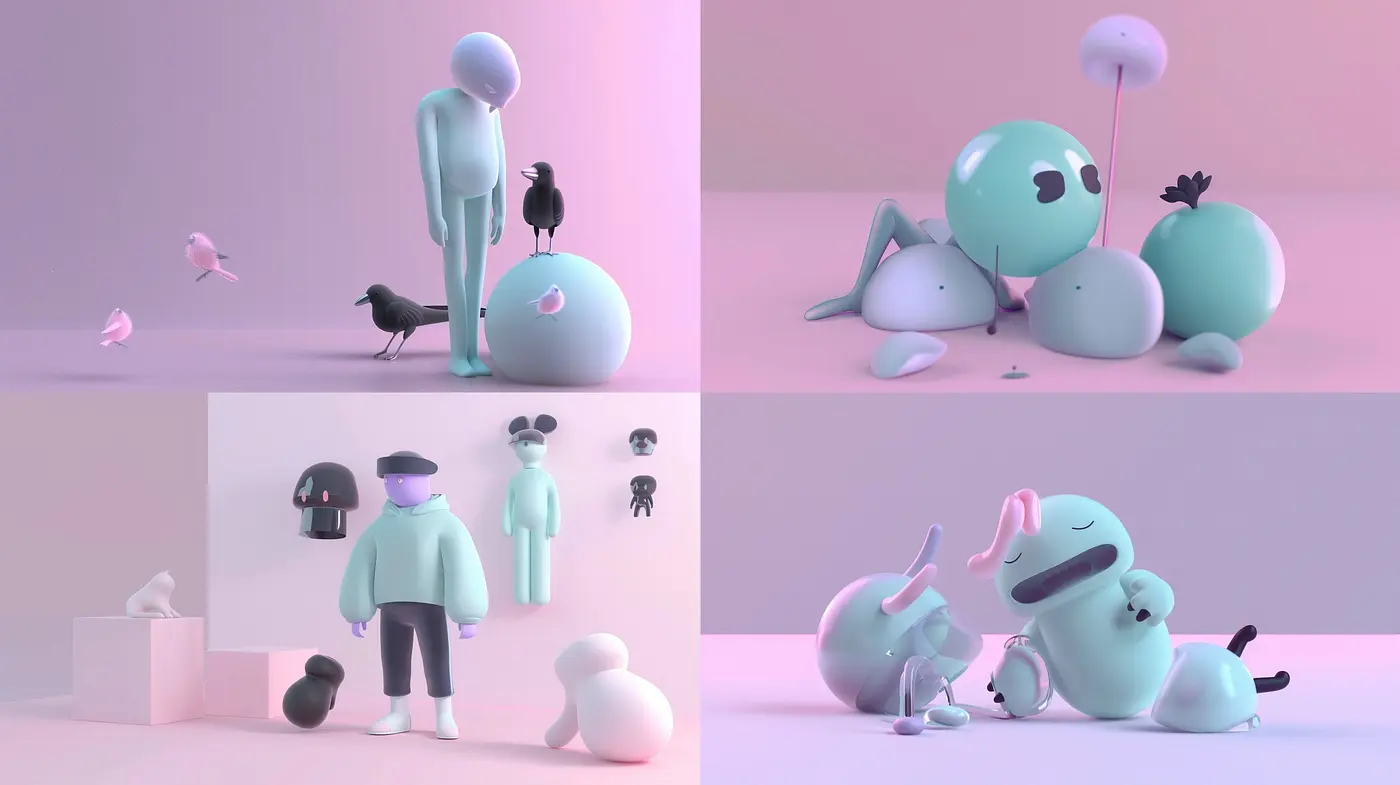 Whimsical Pastel Reverie: A Synthesis of Soft Hues and Playful Forms - Midjourney sref style