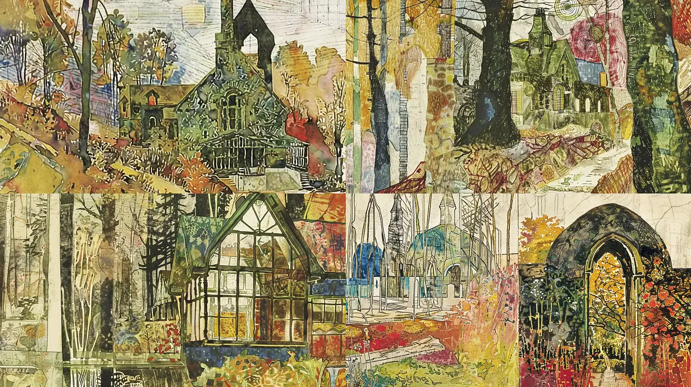 Autumnal Patchwork Essence with a Collage-like Tapestry - Midjourney sref style