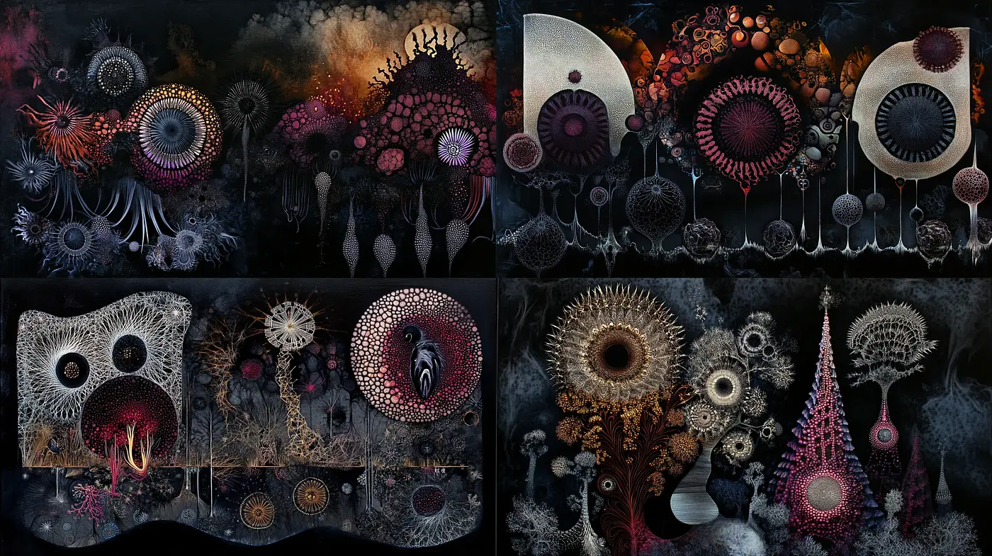 Enigmatic Organic Symphony in Dark Hues - Midjourney sref style