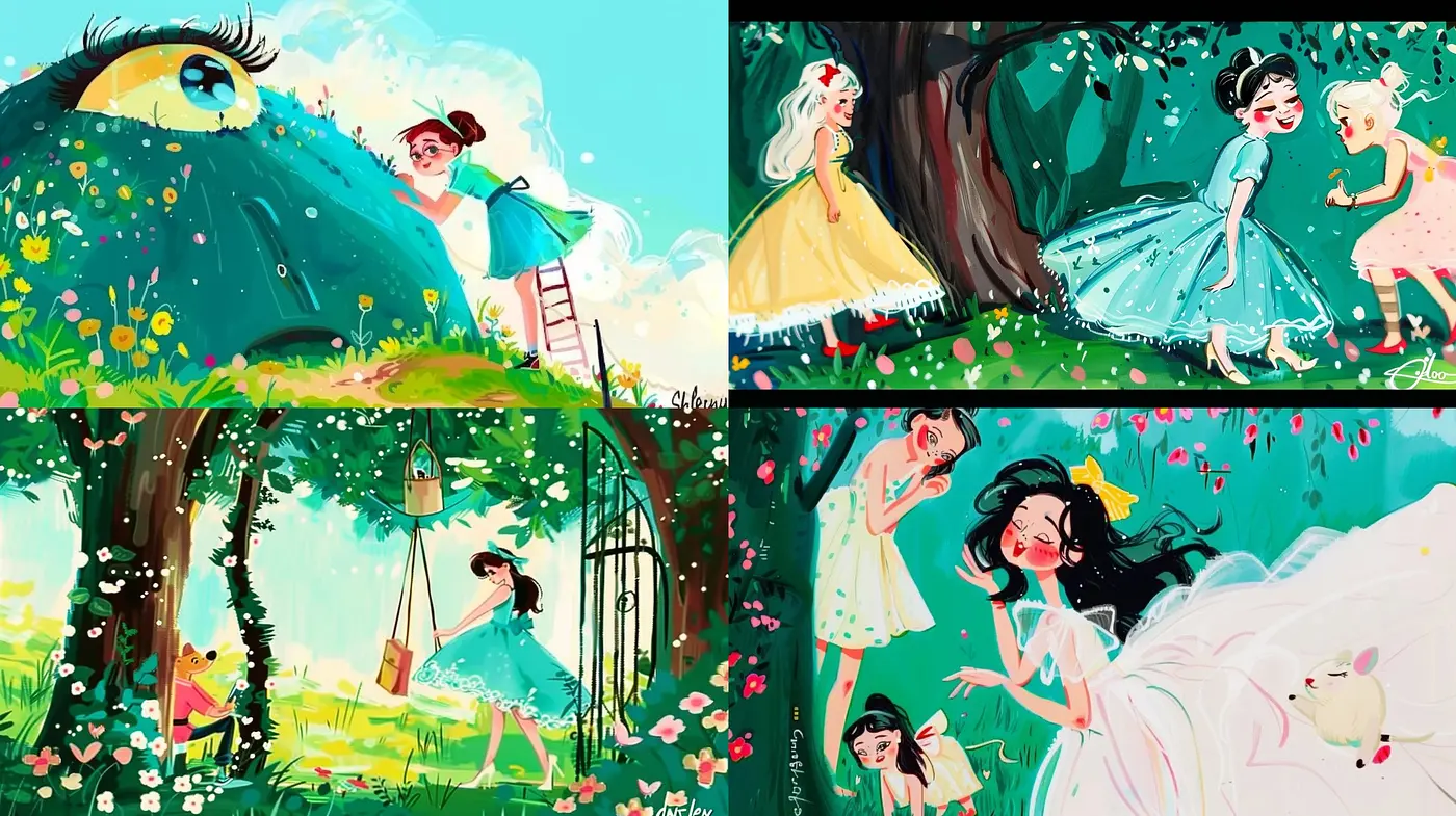Whimsical Storybook Enchantment: A Fusion of Vivid Storytelling and Playful Illustration - Midjourney sref style
