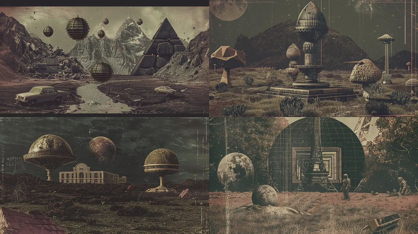 Retrofuturistic Dreamscape with Sepia Overtones - Midjourney sref style