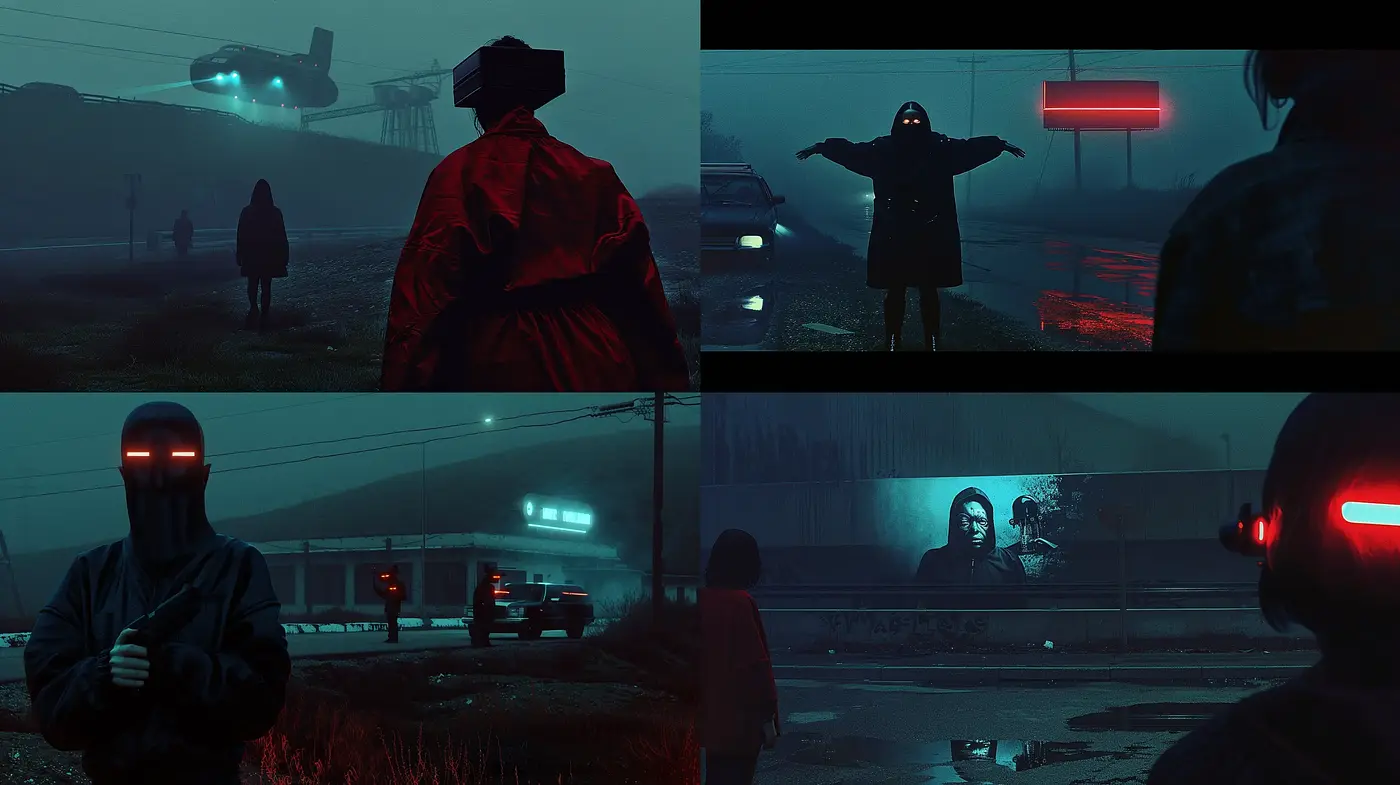 Dystopian Twilight: Neon and Shadow - Midjourney sref style