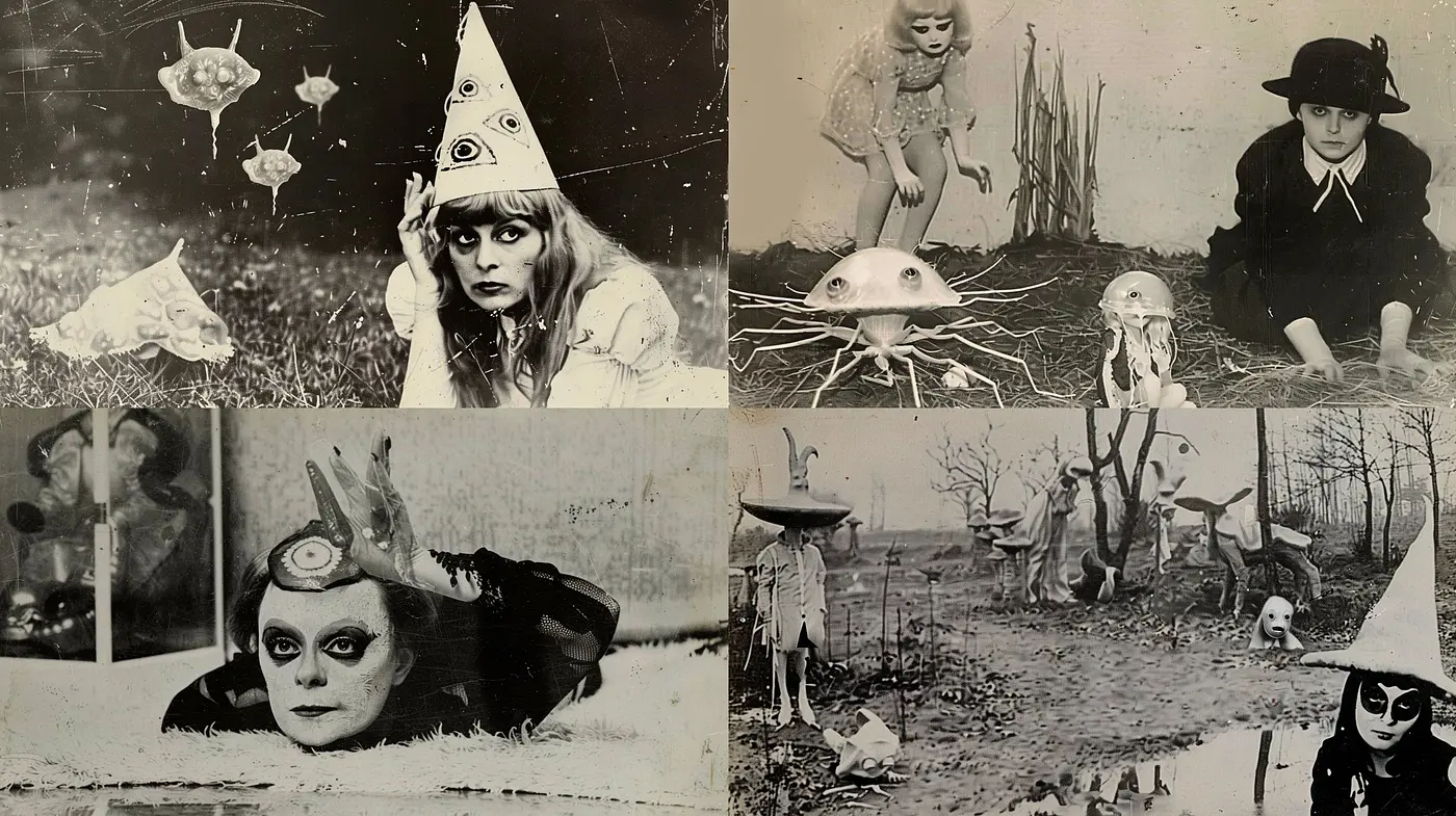 Eerie Monochromatic Dreamscape: A Consistent Journey Through Vintage Surrealism - Midjourney sref style