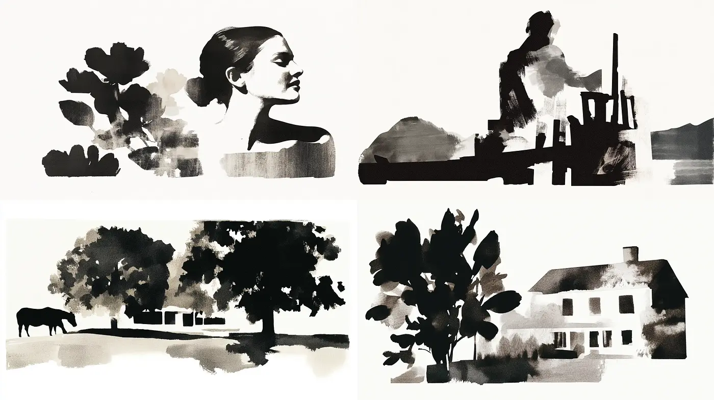Monochromatic Ink Wash Echoes with Contemporary Essence - Midjourney sref style