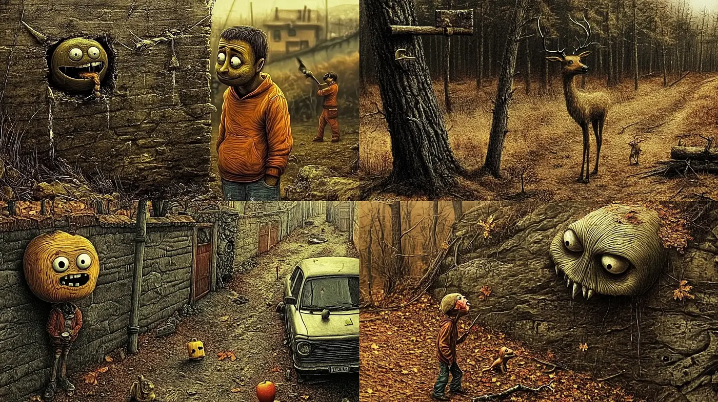 Surreal Autumn Dreamscapes with Distinctive Characters - Midjourney sref style