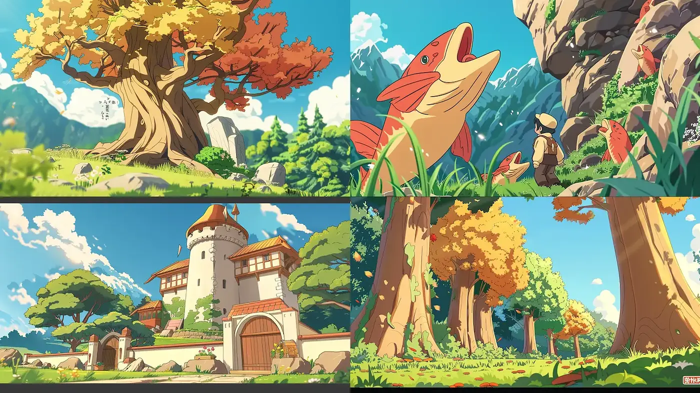 Whimsical Nature Scenes with Vibrant Colors and Characterful Design - Midjourney sref style