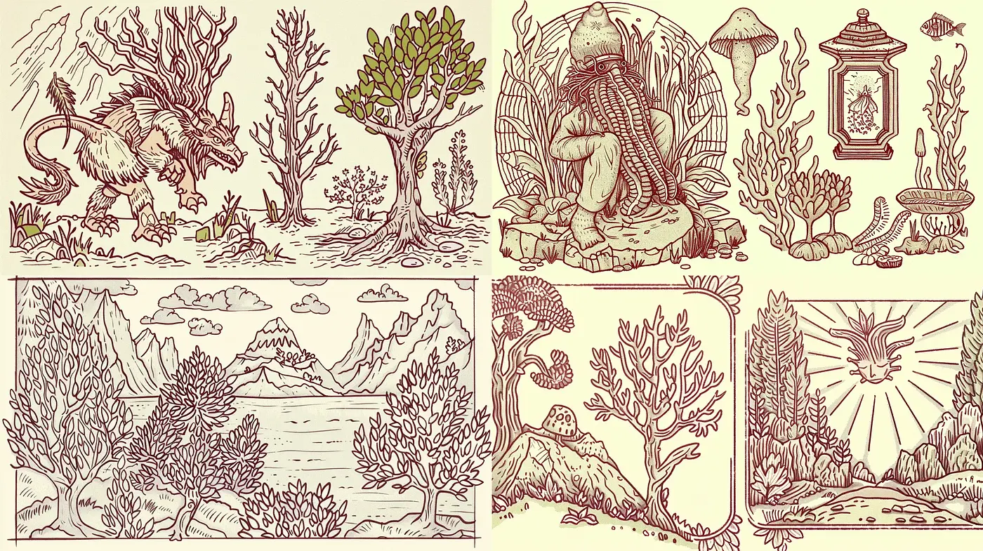 Whimsical Sepia-Toned Illustrative Tapestry - Midjourney sref style