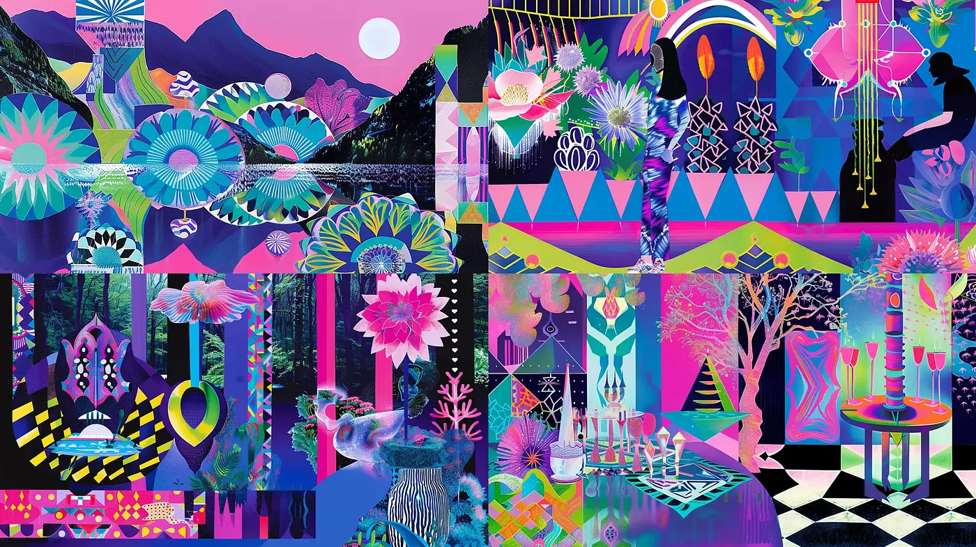 Eclectic Neon Dreamscape Fusion - Midjourney sref style
