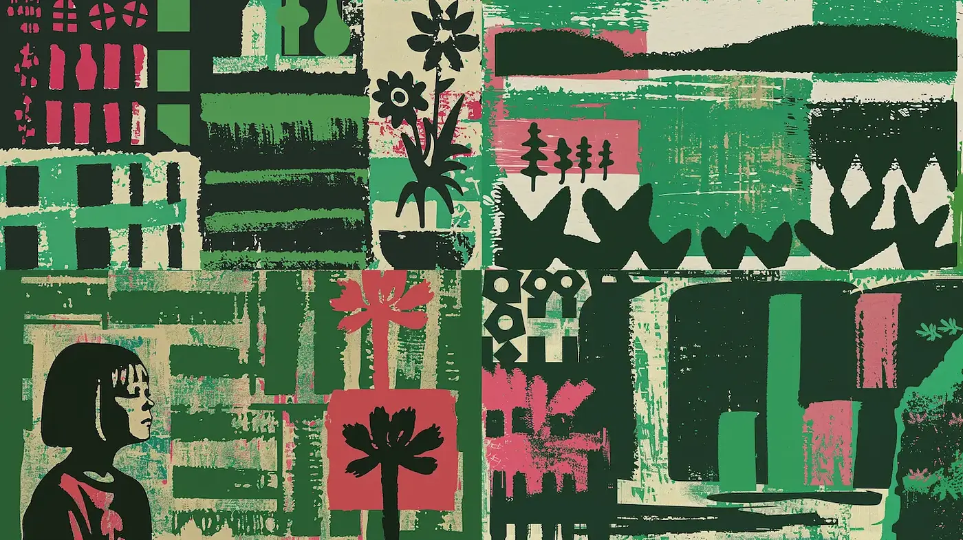 Eclectic and Textured Vintage Graphic Composition - Midjourney sref style