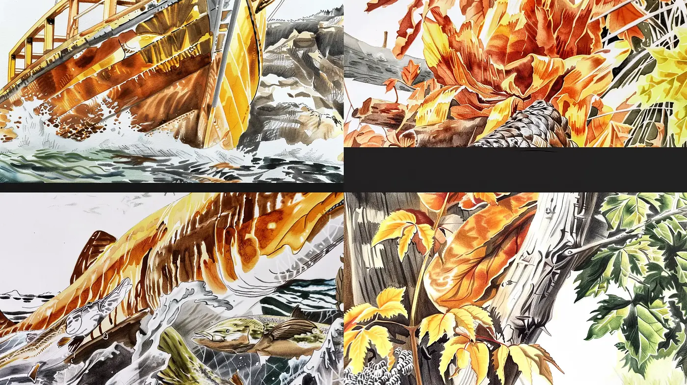 Dynamic Brushwork and Contrasted Nature in Simulated Eastern Ink Wash - Midjourney sref style