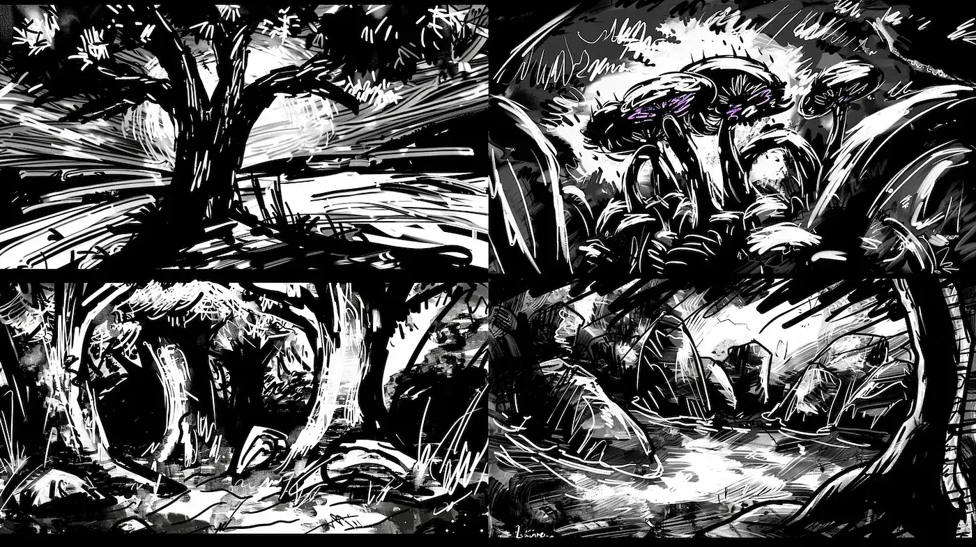 Monochromatic and Expressive Nature Imagery Inspired by Graphic Novels - Midjourney sref style