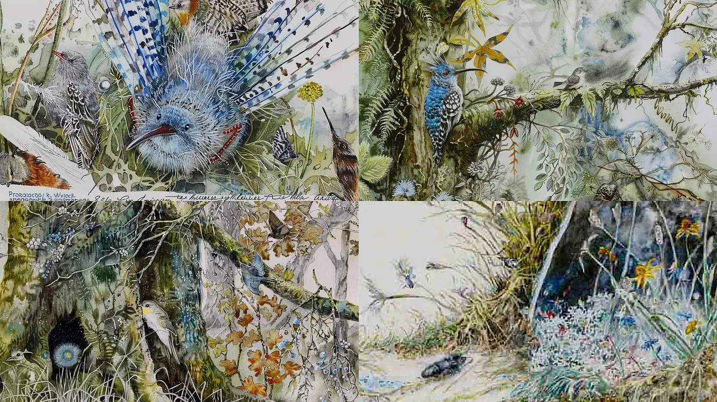 Enigmatic Natural Fusion: A Splatter and Line Art Menagerie - Midjourney sref style