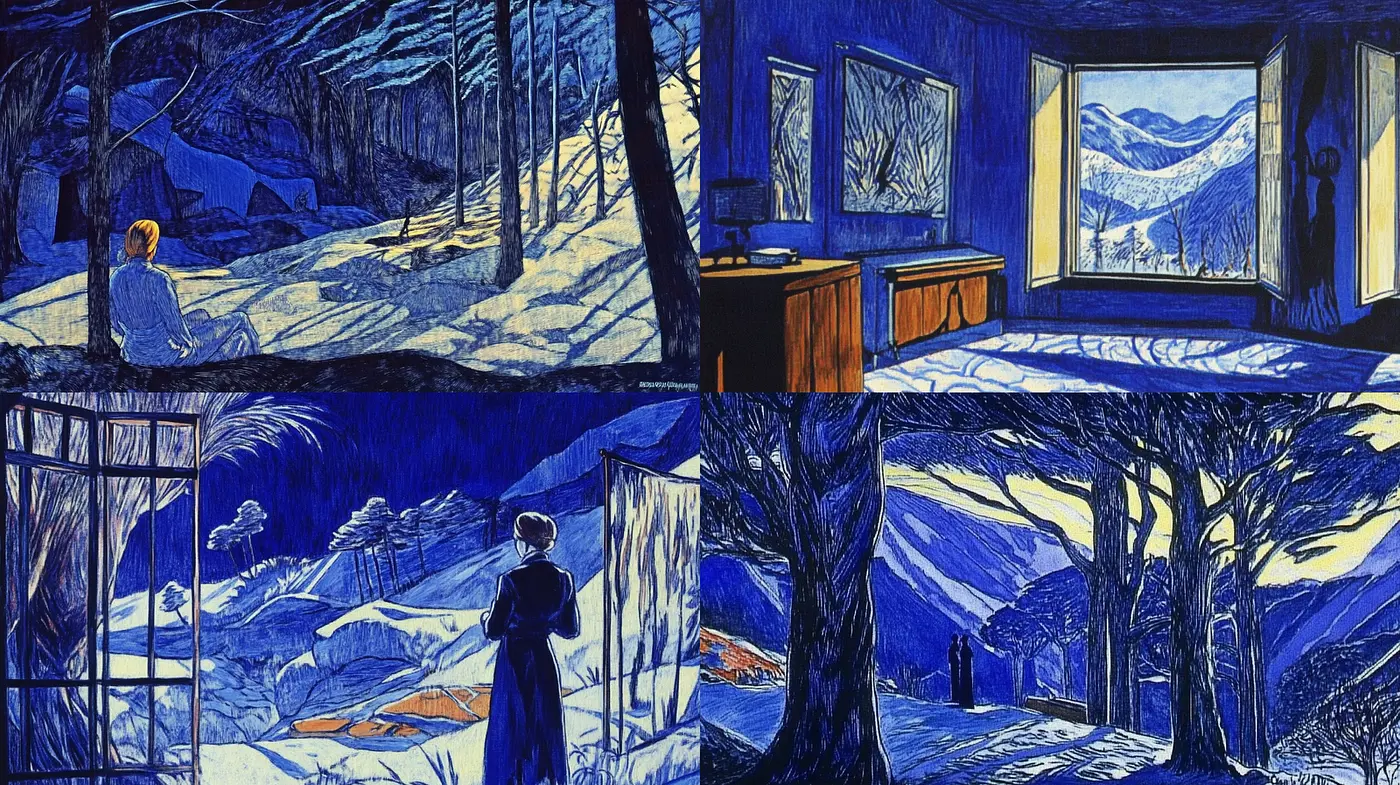 Striking Blue Landscapes with Evocative Shadows and Depth - Midjourney sref style