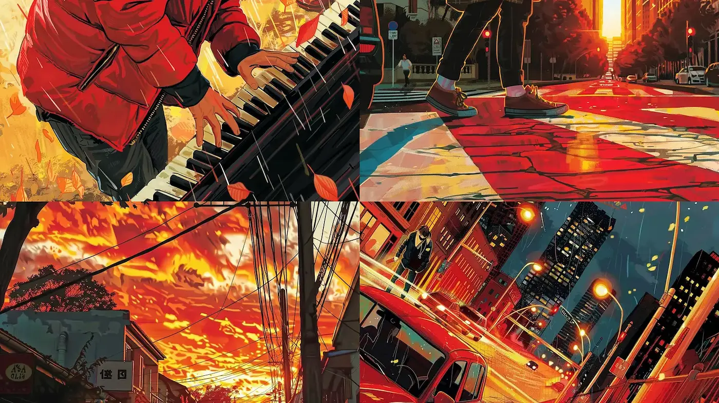 Dynamic Urban Scenes with Vibrant Color Schemes and Emotional Depth - Midjourney sref style