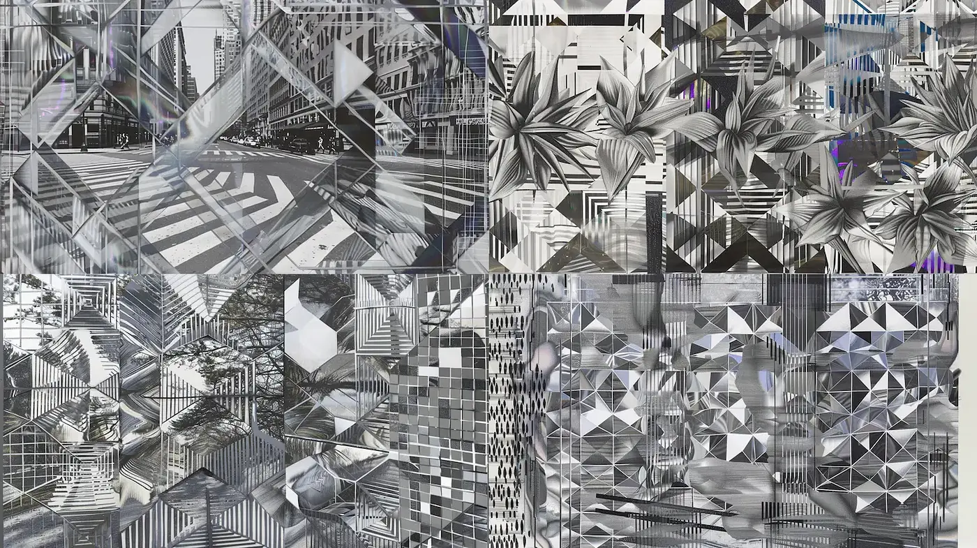 Dynamic Geometric Abstraction with Tropical and Urban Influences - Midjourney sref style