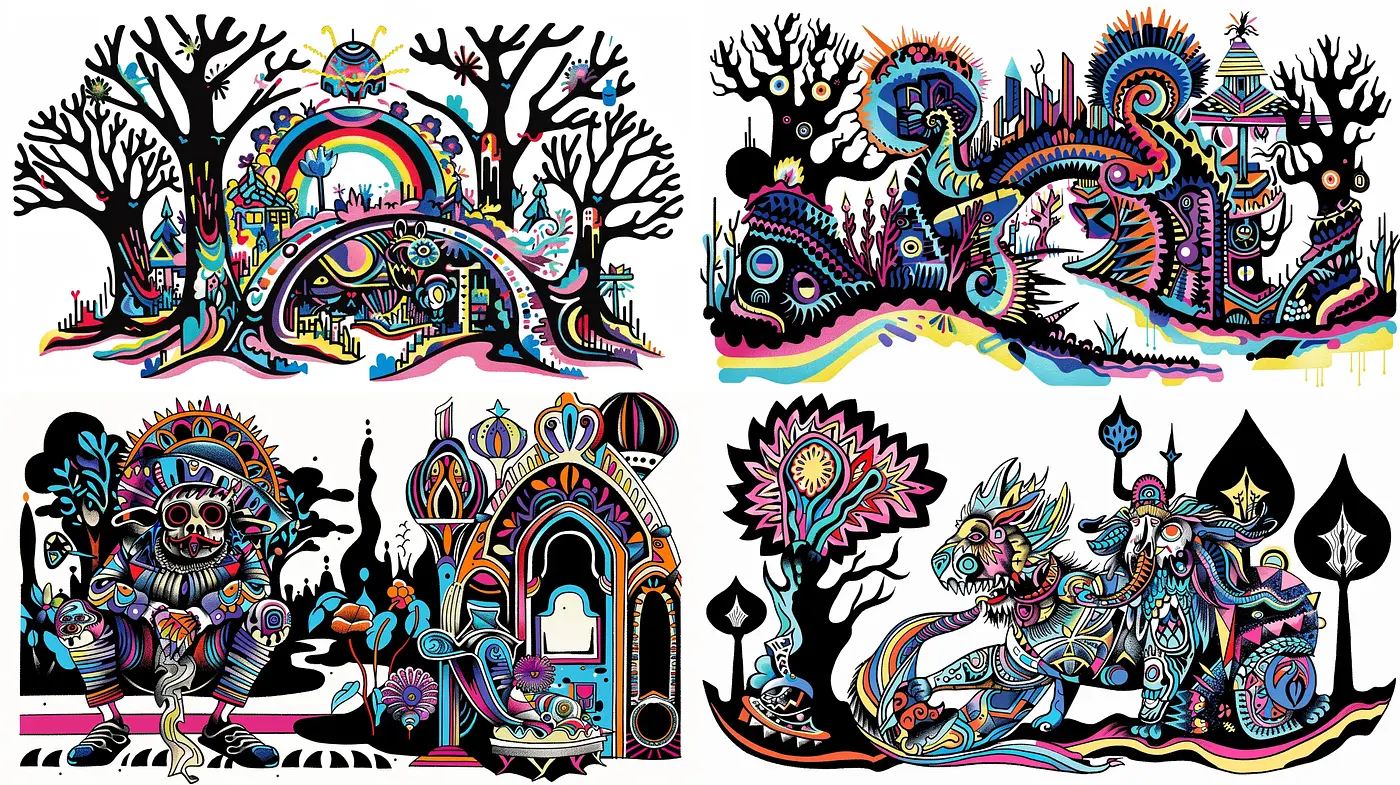 Psychedelic Dreamscape: A Fusion of Surrealist Fantasy and Vibrant Graffiti Art - Midjourney sref style