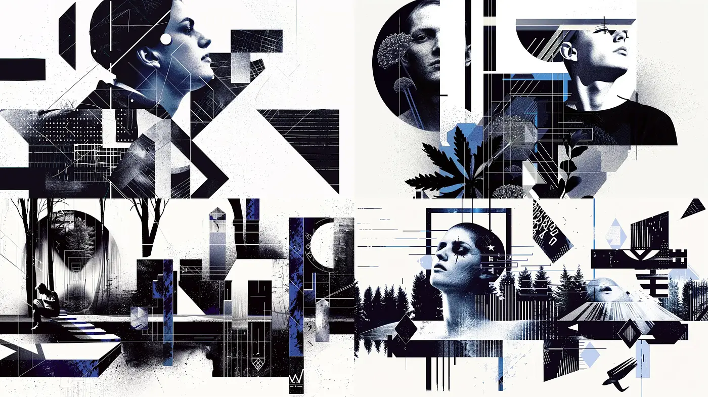 Abstract Geometric Fusion with Monochromatic Tones and Photographic Elements - Midjourney sref style