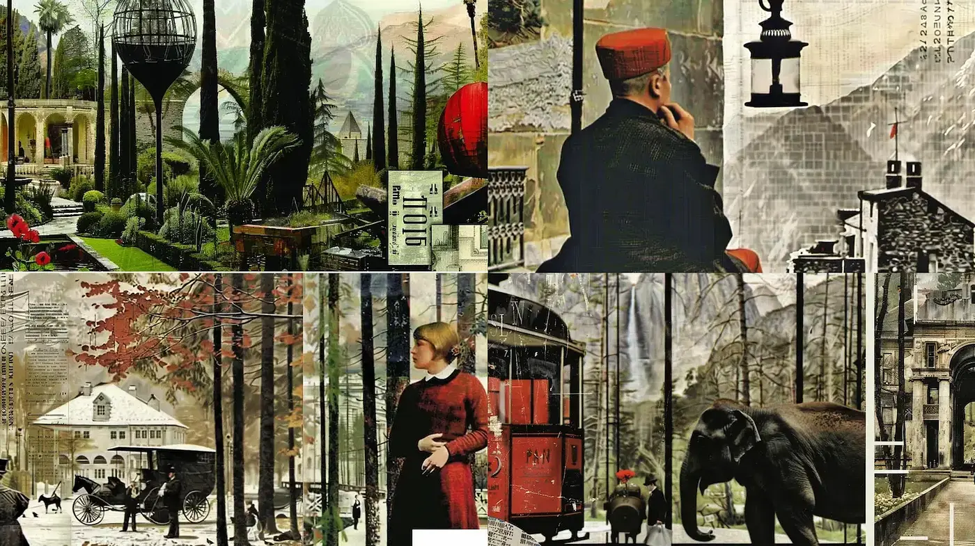 Eclectic vintage landscape with historical elements and nature - Midjourney sref style