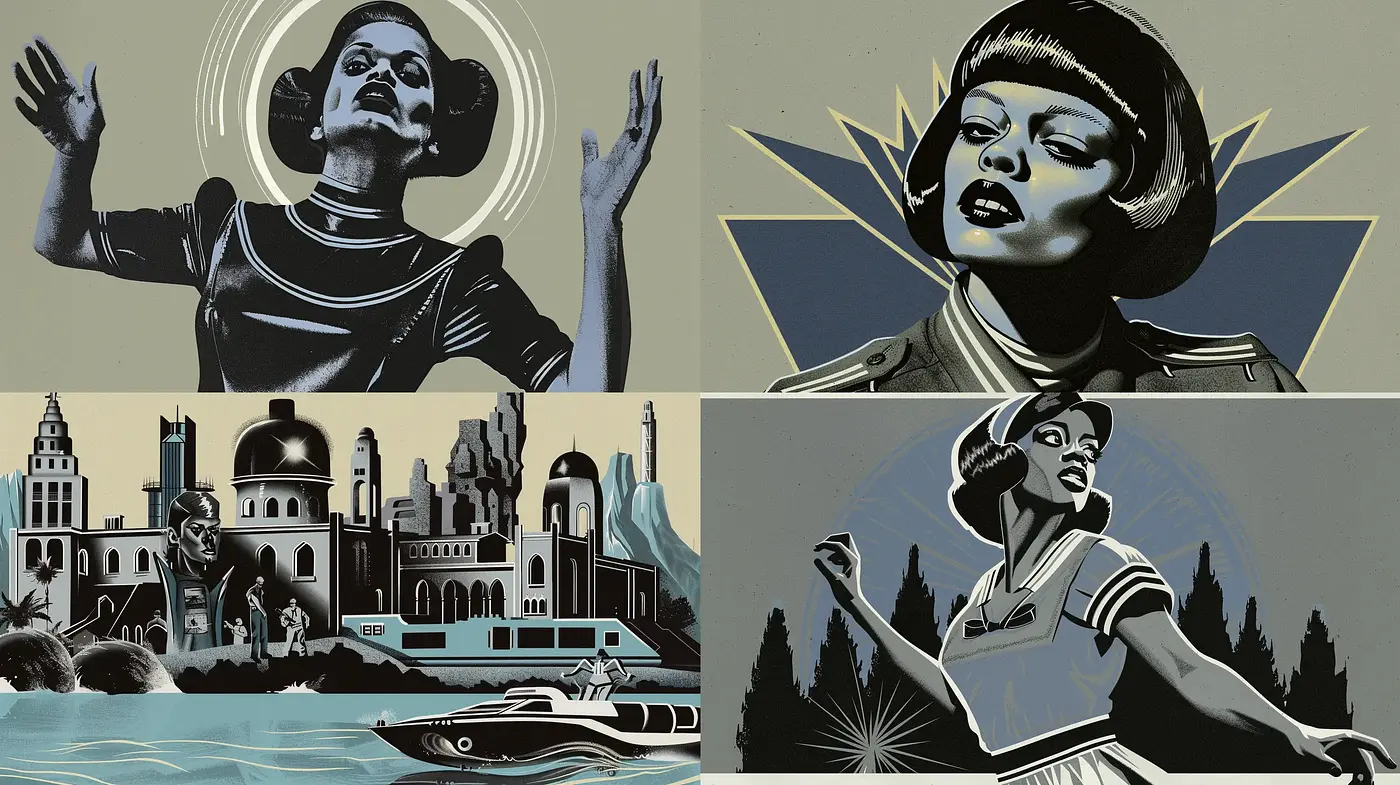 Retro Futuristic Harmony: A Tribute to Art Deco Synthesis and Vintage Sci-Fi - Midjourney sref style