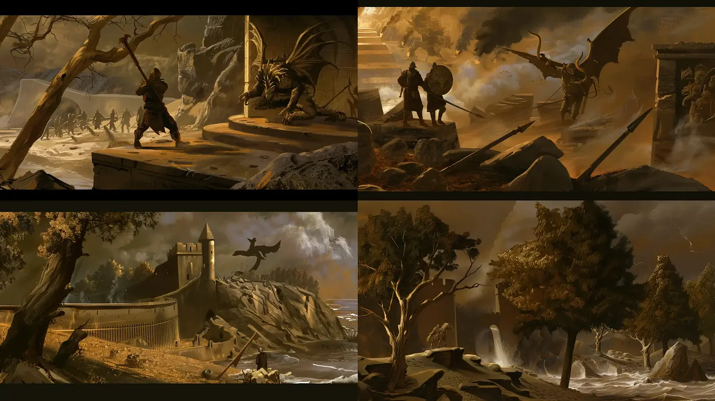 Epic Tales of Mythical Landscapes in Sepia Hues - Midjourney sref style