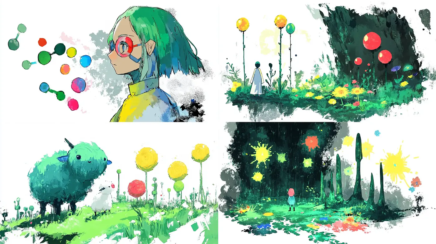 Whimsical Watercolor Dreamscape with Vivid Accents and Ethereal Atmosphere - Midjourney sref style