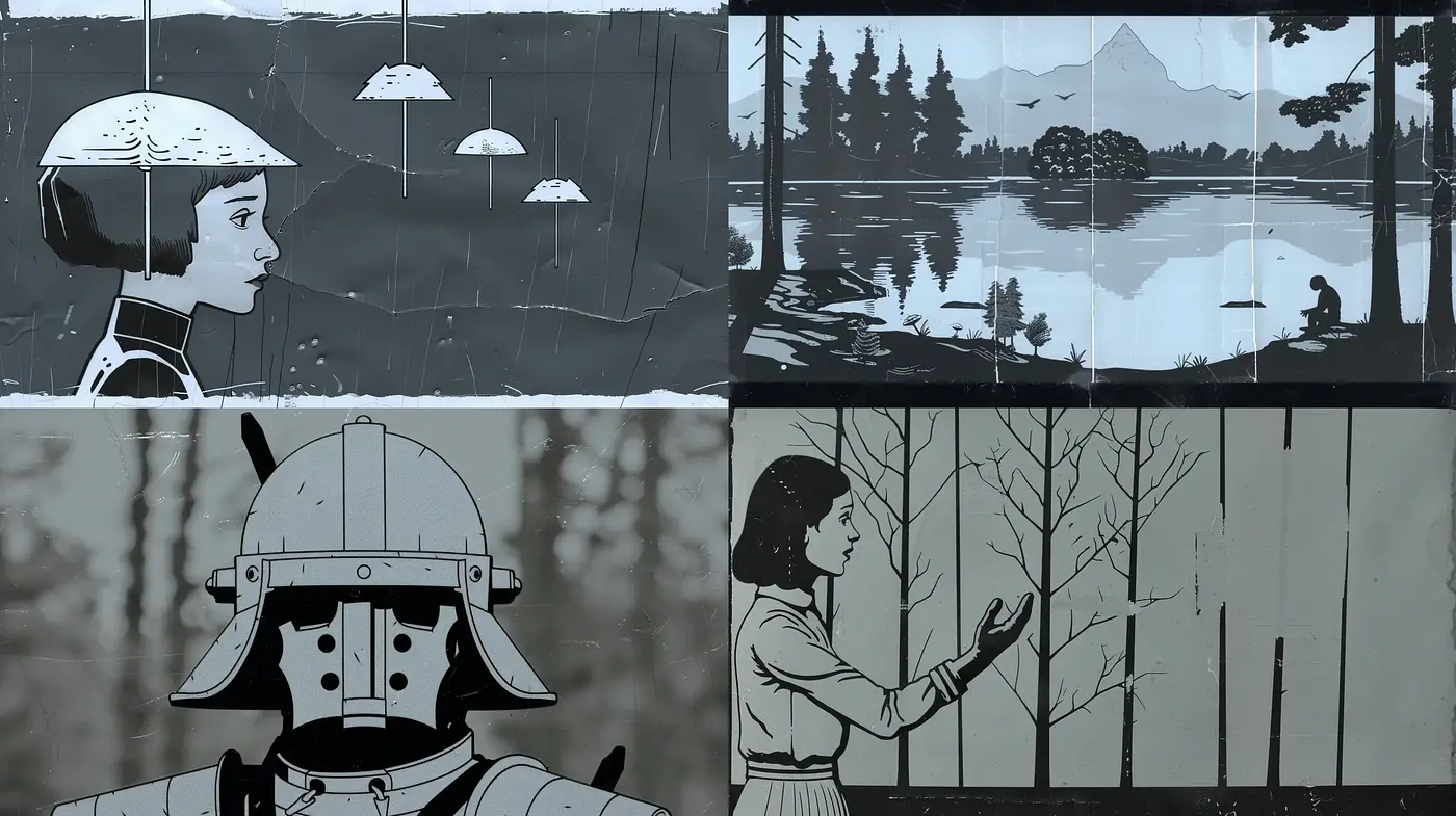 Monochromatic Storyboards: Reflecting Nostalgic Cinematic Tones - Midjourney sref style