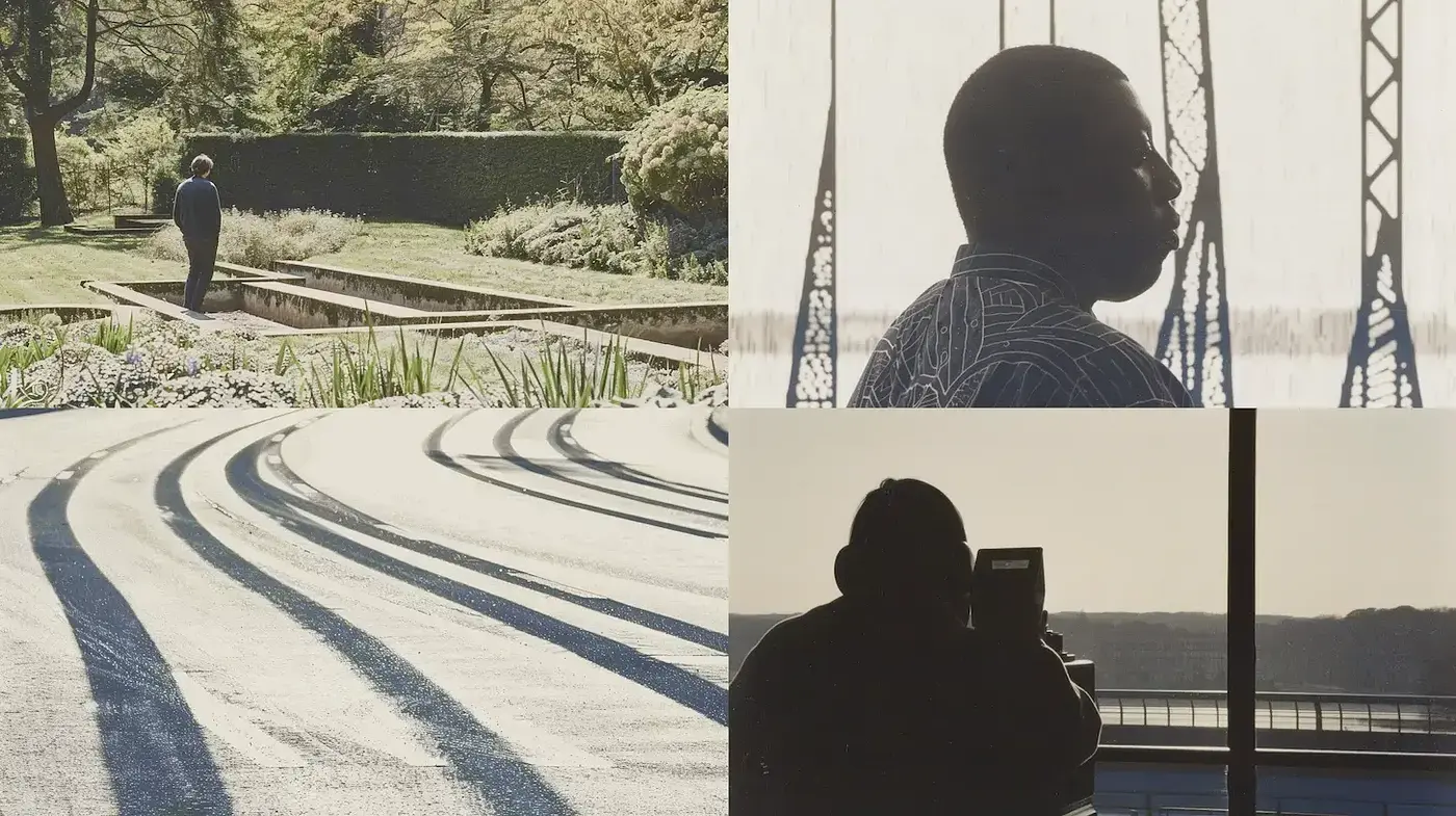 Cinematic Exploration of Shadows and Silhouettes with a Serene Landscape - Midjourney sref style