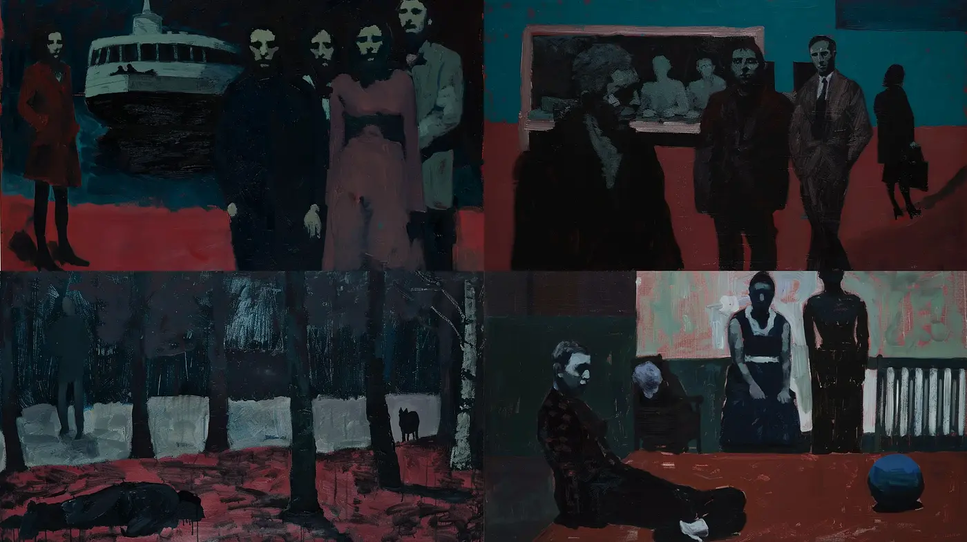 Nocturnal Hues in Stylized Existential Tableaus - Midjourney sref style