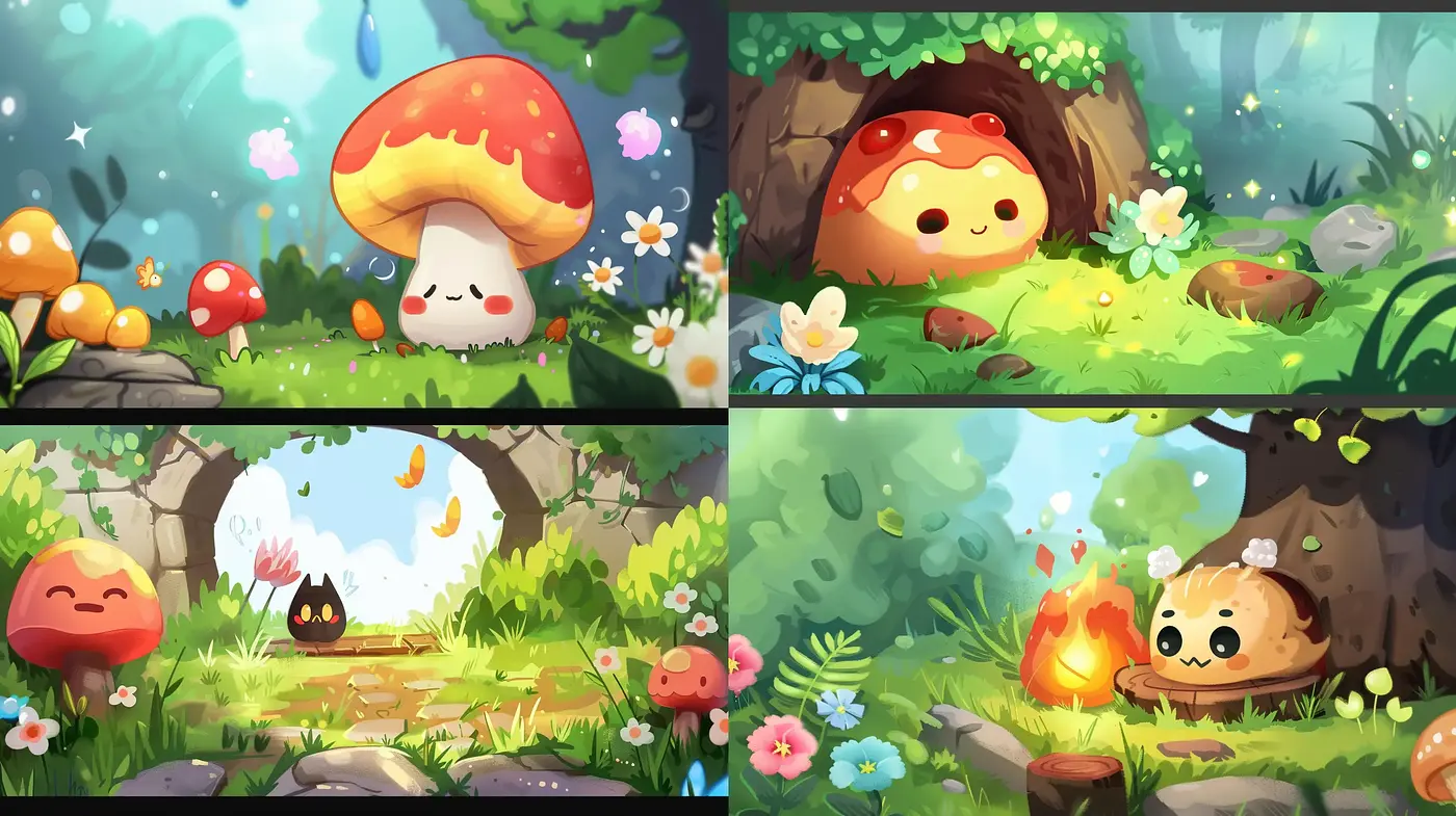 Enchanted Forest Whimsy: A Vivid Tale of Playful Characters in a Pastel Woodland - Midjourney sref style