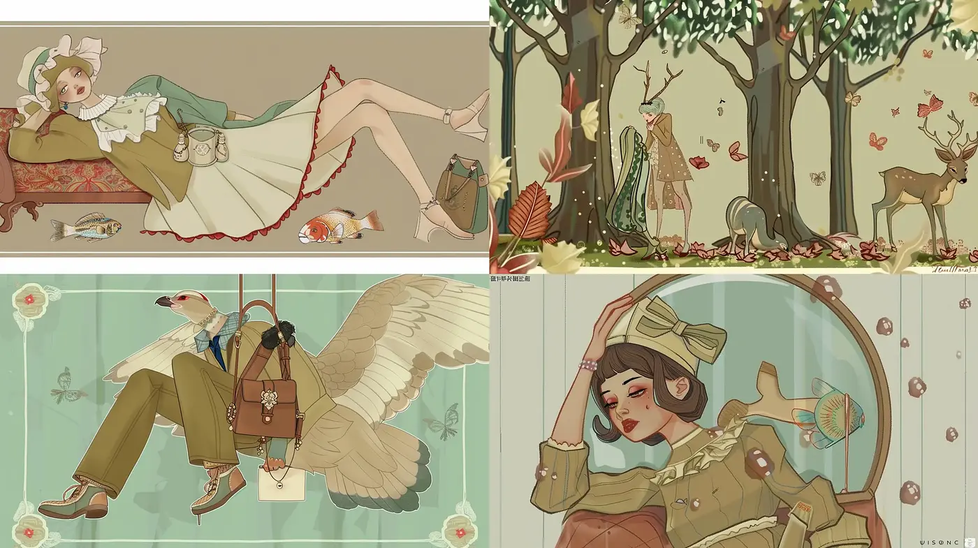 Whimsical Pastoral Elegance Inspired by Art Nouveau and East Asian Illustration Techniques - Midjourney sref style