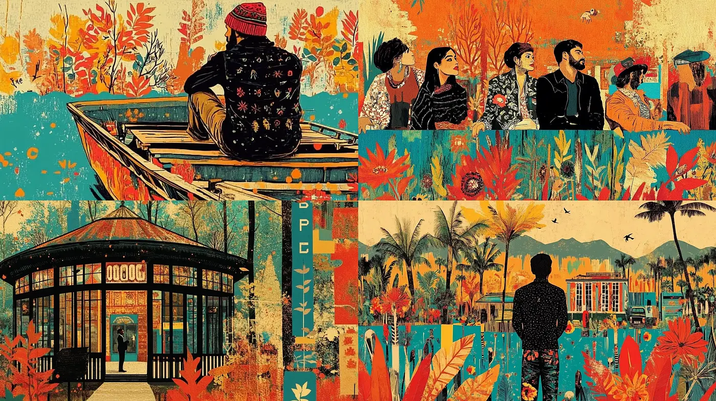 Warm-toned Retro Illustrative Collage with Rich Textures and Botanical Themes - Midjourney sref style