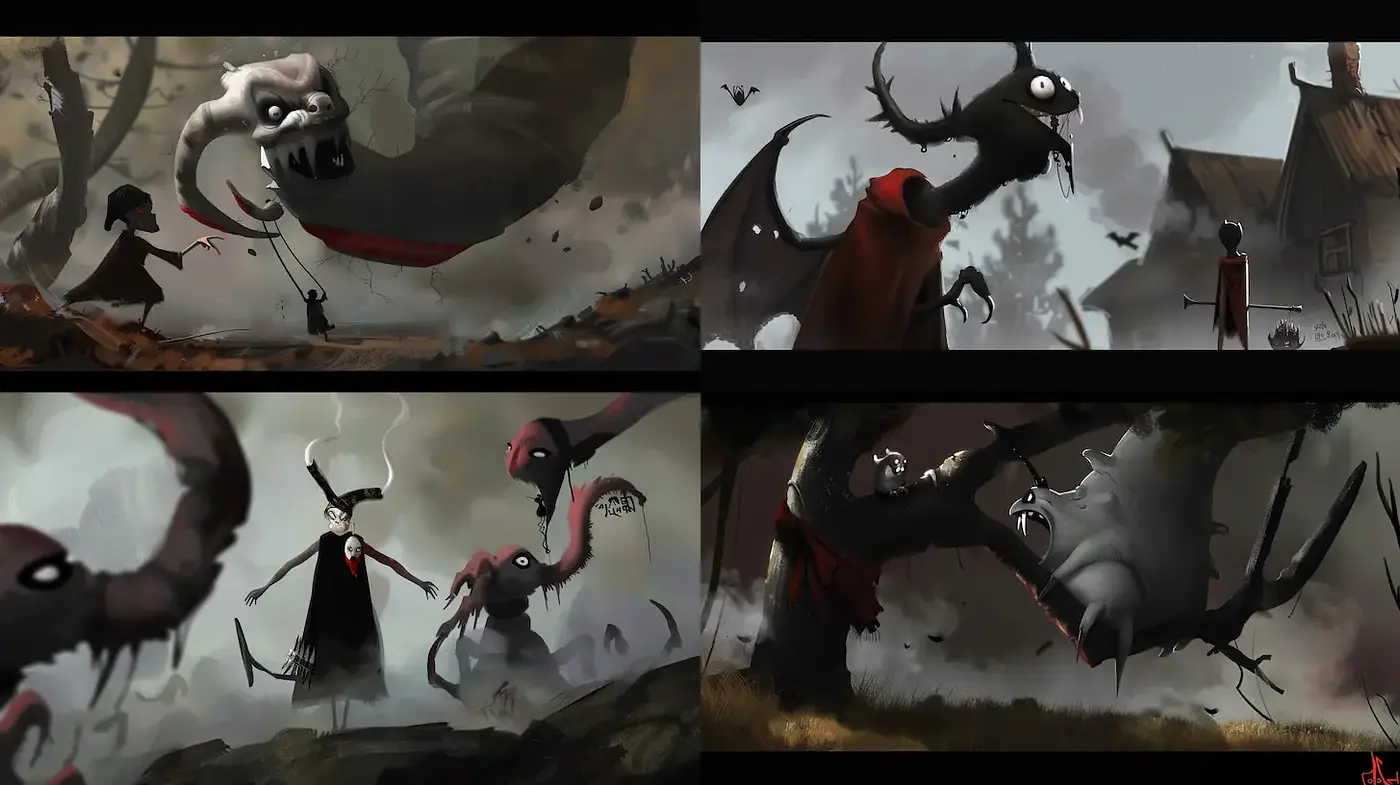 Dark Fantasy with Whimsical Elements and Surreal Characters - Midjourney sref style