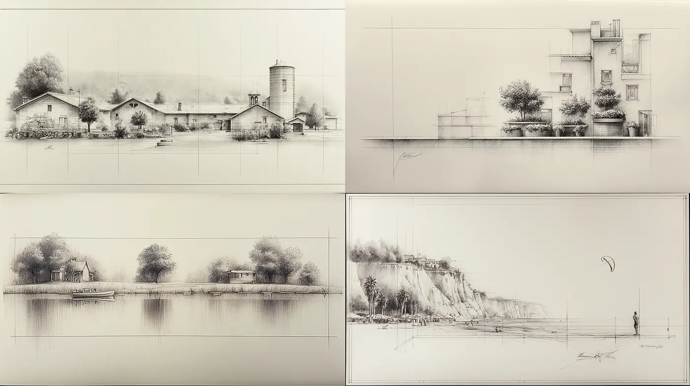 Monochromatic Architectural Landscapes with a Minimalist Touch - Midjourney sref style