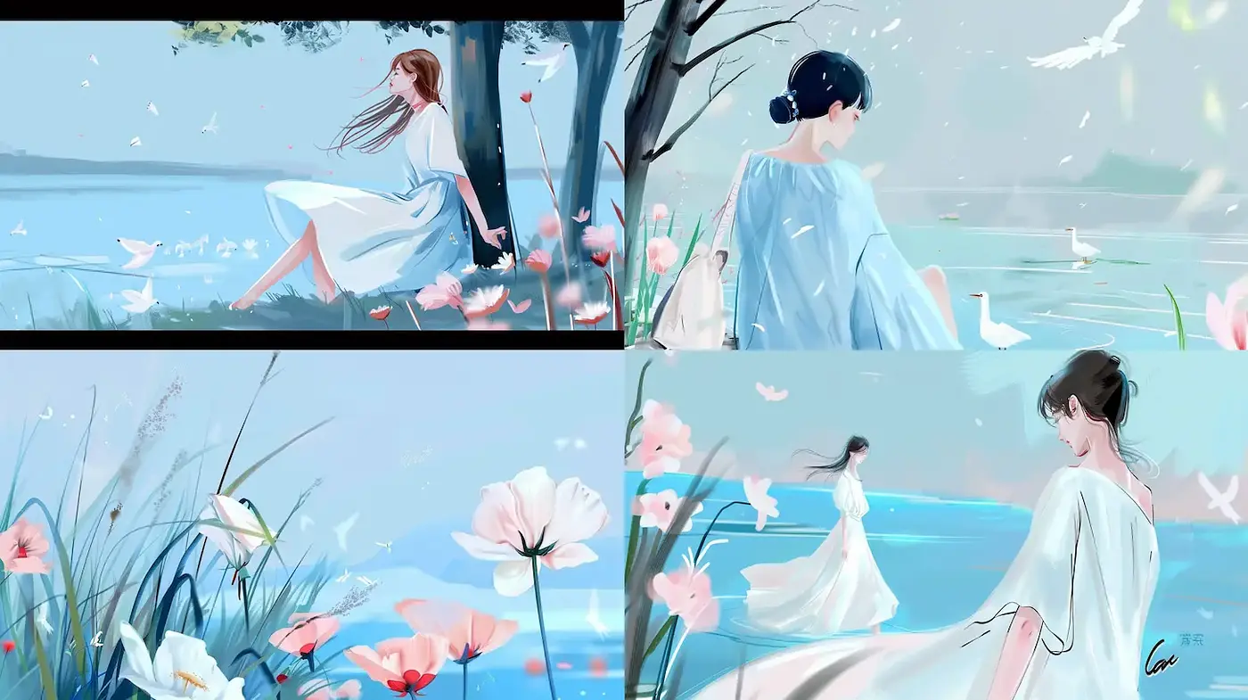 Serene and Dreamy Watercolor Landscape with Ethereal Characters - Midjourney sref style