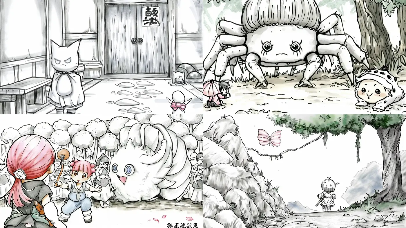 Whimsical Monochrome Manga Sketches with Pastel Highlights - Midjourney sref style