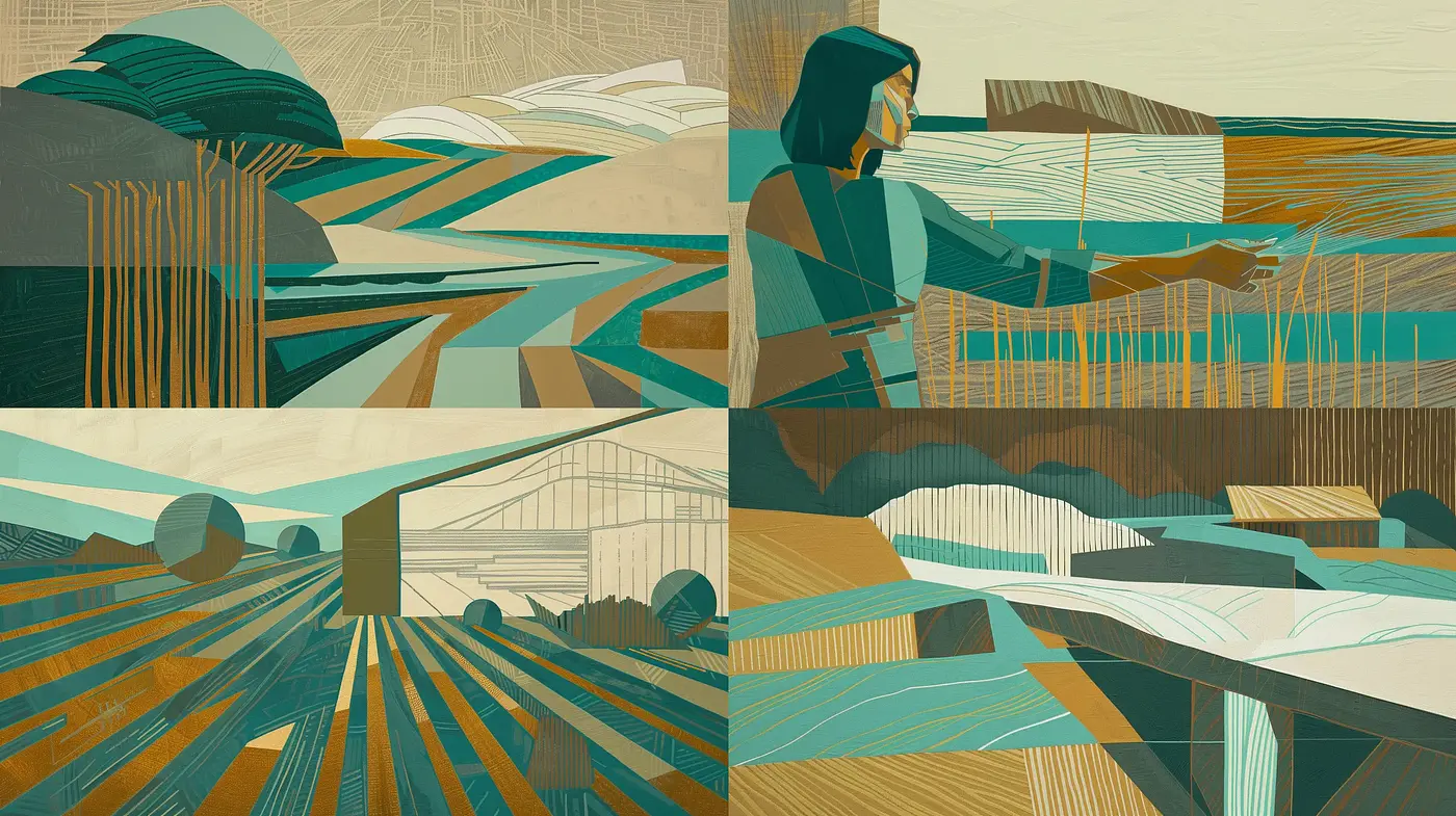 Geometric Serenity in Teal and Ochre - Midjourney sref style